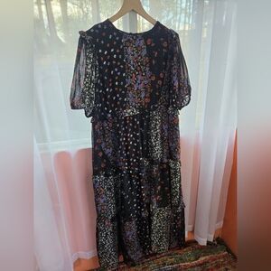 Black Floral Patchwork Midi Dress